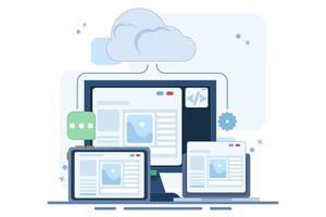 Cloud based web hosting concept, Website hosted on cloud server, Backup file upload technology on cloud server storage. Cloud hosting for websites and applications, Flat illustration. vector