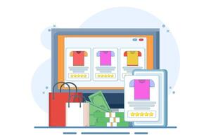 E-commerce business platform concept, e-commerce SEO strategy, online store promotion. Online shopping, e-commerce platform, digital marketing. illustration with icons on background. vector