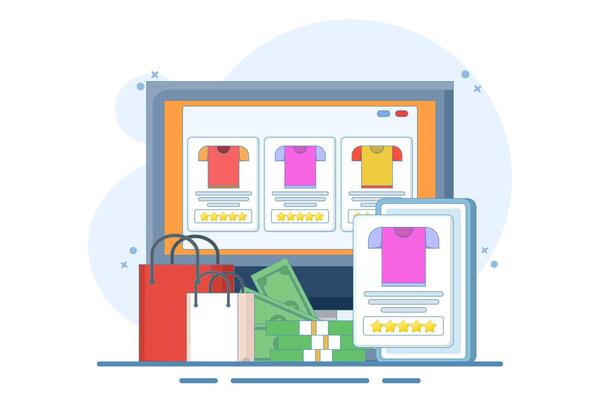 E-commerce business platform concept, e-commerce SEO strategy, online store promotion. Online shopping, e-commerce platform, digital marketing. illustration with icons on background.