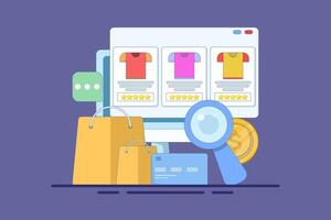 E-commerce SEO concept, products added to search engine results page, Online shopping, internet e-commerce web store, online product search, business e-commerce SEO. Flat illustration on background. vector