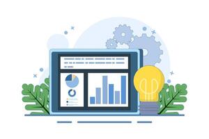 Business Graphics Report on Tablet and Bulb Idea. Business Intelligence Concept. Accurate information research, business intelligence and successful strategy planning. Flat Illustration. vector