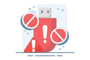 dangerous flashdisk or USB flash drive concept. flashdisk with exclamation mark. safety and security warning. be careful. icon or symbol. minimalist style design. illustration. vector
