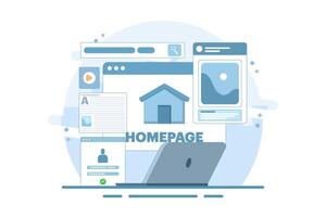 Homepage concept, web page design on laptop. working on website homepage development, optimization and setup. Modern flat cartoon style. vector