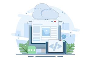 Cloud based web hosting concept, Website hosted on cloud server, File upload technology, backup on cloud server storage. Cloud hosting for web and apps, Flat design illustration. vector
