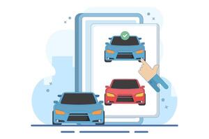 Concept of online car buying website or car rental shop comparison website via internet by choosing car on digital tablet computer, buy and sell web store. Flat illustration on background. vector
