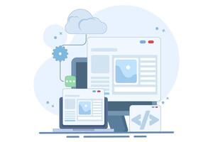 Cloud based web hosting concept, Website hosted on cloud server, File upload technology, backup on cloud server storage. Cloud hosting for web and apps, Flat design illustration on background. vector