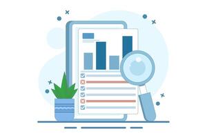 Financial Report Analysis Concept, Business Financial Flowchart Report with Magnifying Glass, data analysis on business reports and investment monitoring dashboard. vector