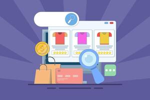 E-commerce SEO concept, products added to search engine results page, Online shopping, internet e-commerce web store, search products online, business e-commerce SEO concept. illustration. vector