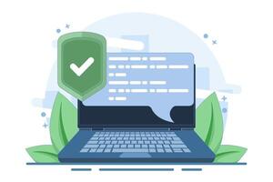 internet security concept, laptop security message speech bubble, shield check mark icon, privacy, online protection, flat cartoon, antivirus sign. flat illustration. vector