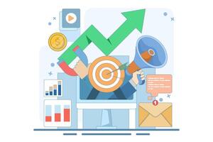 Online digital marketing concept, Online advertising and promotion campaigns in mobile applications, advertising content on social networks. Website illustration with flat design. vector