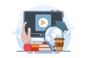 Online education concept, Home education. College homework. Study at home with computer. PC computer with world map, graduation cap, lamp, apple on isolated background, Digital marketing illustration. vector