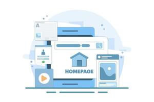 Homepage concept, web page design on laptop. working on website homepage development, optimization and setup. Modern flat cartoon style. flat design illustration. vector