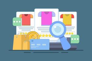 E-commerce SEO concept, products added to search engine results pages, Online shopping, internet e-commerce web store, online product search, business e-commerce SEO. vector