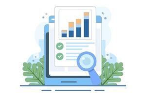 Concept of online financial audit research on web analytics device screen, accounting or sales market statistics inspection or quality evaluation. flat digital report analytics. vector