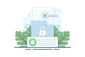 Privacy protection concept, using cybersecurity services to protect personal documents and data. Cloud-based shared documents, secure files and folders. Flat cartoon illustration. vector