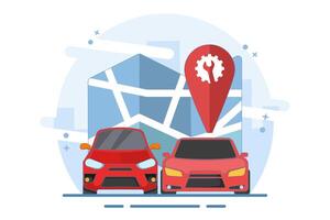Concept of car repair service location map, pin pointer marker, graphic icon or car repair point for car maintenance diagnostic with wrench and gear. vector