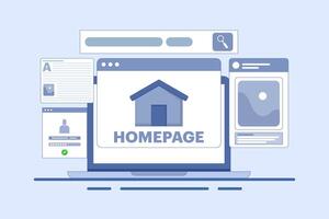 Homepage concept, web page design on laptop. working on website homepage development, optimization and setup. Modern flat cartoon style. illustration on background. vector
