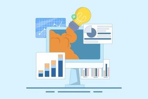 Analyzing Data Concept, Creating New Ideas. Working on New Startup, Business Mission, Creative Ideas and Analysis. Researching new creative ideas. Flat Cartoon Illustration on Background. vector