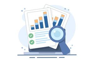 Online financial audit research concept on web analytics device screen, flat digital report analytics, accounting statistics inspection or sales market or quality evaluation. flat design illustration. vector