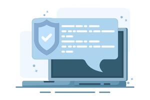 internet security concept, laptop security message speech bubble, shield check mark icon, privacy, online protection, flat cartoon, antivirus sign. flat illustration on background. vector