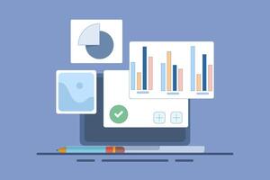 Data Analysis Concept, Creating New Ideas. Business Analysis. Data analysis, audit with mobile app. Digital document research with graphs on device screen. Flat design illustration vector