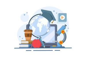 Online education concept, Home education. College homework. Study at home with computer. PC computer with world map, graduation cap, lamp, apple, digital marketing. Daytar illustration vector