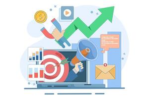 Online digital marketing concept, Online advertising and promotion campaigns in mobile applications, advertising content on social networks. Website illustration with flat design in the background. vector