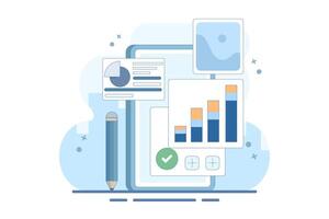 Data Analysis Concept, Creating New Ideas. Business Analysis. Data analysis, audit with mobile app. Digital document research with graphs on device screen. Isolated flat design illustration background vector