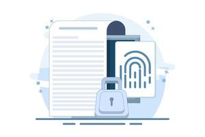 Concept of secure or private data secret file, Security protection through touch fingerprint or fingerprint on document on device, fingerprint access privacy identification. flat design illustration. vector