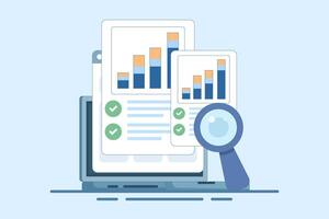 Online financial audit research concept on web analytics device screen, flat digital report analytics, accounting concept or financial sales market statistics inspection or quality evaluation. vector