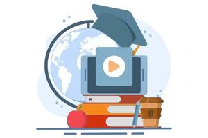 Online education concept, Homeschooling. College homework. Homeschooling with computer. PC computer with world map, graduation cap, lamp, apple, digital marketing. vector