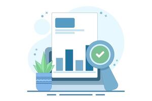 Financial Statement Analysis Concept, data analysis on business report and investment monitoring dashboard. Business Financial Flowchart Report with Magnifying Glass. Flat Illustration. vector