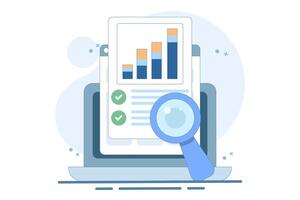 Concept of online financial audit research on web analytics device screen, flat digital report analytics, accounting statistics inspection or sales market or quality evaluation. design illustration. vector