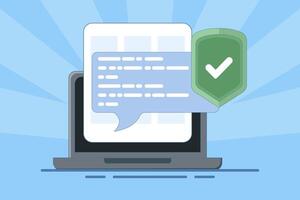 internet security concept, laptop security message speech bubble, shield check mark icon, privacy, online protection, flat cartoon, antivirus sign. flat design illustration on background. vector
