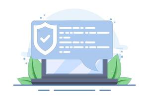 internet security concept, laptop security message speech bubble, shield check mark icon, privacy, online protection, flat cartoon, antivirus sign. vector
