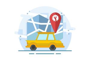 Car repair service location map concept, pin pointer marker, graphic icon or car repair point for car maintenance diagnostic with wrench and gear. Flat illustration on background. vector