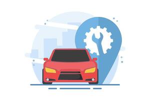Concept of car repair service location map, pin pointer markers, car repair points for car maintenance diagnostics with wrench and gear. vector