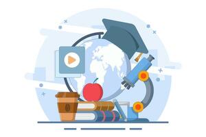 Online education concept, Homeschooling. College homework. Studying at home with computer. PC computer with world map, graduation cap, lamp, apple, digital marketing. Illustration. vector