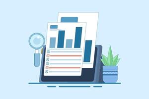 Data Analysis Concept, Creating New Ideas. Business Analysis. Data analysis, audit with mobile app. Digital document research with graphs on device screen. Flat illustration on background. vector