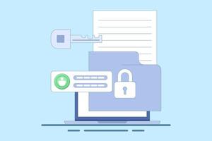 Privacy protection concept, using cyber security services to protect documents and personal data. Cloud based shared documents, secure files and folders. Flat Cartoon Illustration on background. vector