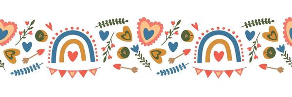 Valentines day seamless border. Boho rainbow, flowers, heart, holiday flags. illustration for greeting card, website, background, spring design vector
