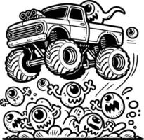 Monster truck coloring pages for kids, monster line art pages vector