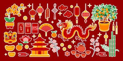 A red background with a dragon and other Chinese symbols. The dragon is on the right side of the image vector
