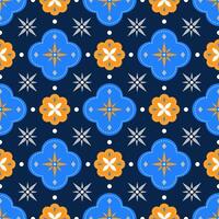 Tile curve shape with sun inside and diamond at the corner all-over seamless pattern on navy blue background. vector