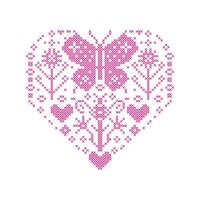 Heart with flowers and butterflies in cross stitch style on white background. vector