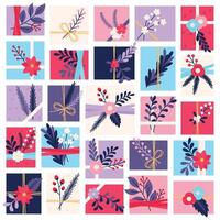 Pastel Gift Boxes with Delicate Botanical Decorations in Grid Design vector