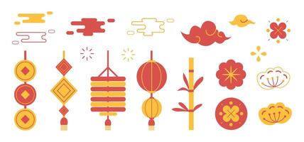 Set of asian icon element with clouds, lantern, flower, pattern isolated on white background. vector