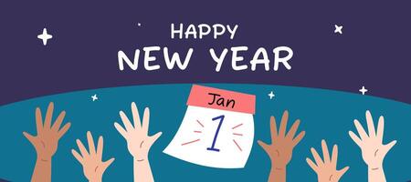 Merry Christmas and Happy New Year greeting banner on dark background with hands, calendar and stars illustration vector