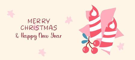 Merry Christmas and Happy New Year greeting banner on cream background with berries and candles illustration vector