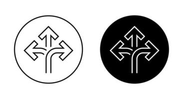 Three way direction arrow outline icon on black circle. Triple arrows sign symbol vector
